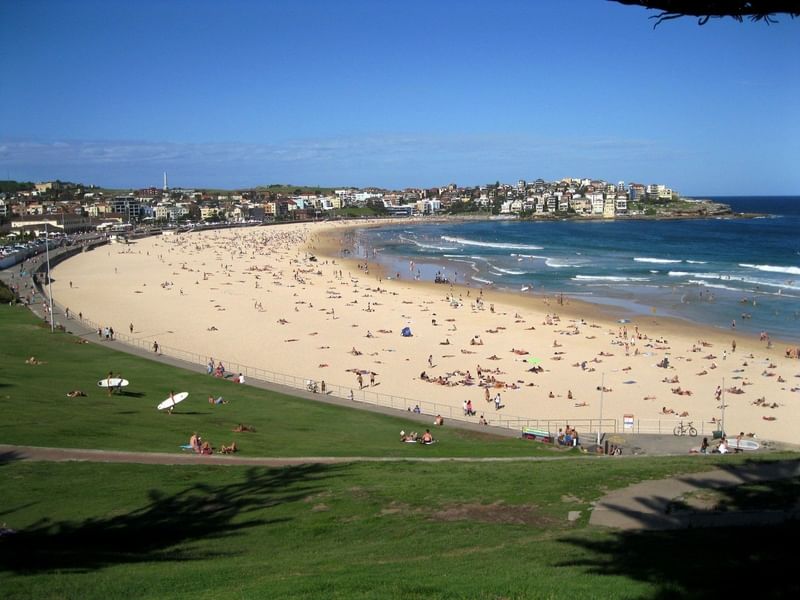People lounging on Bondi Beach near Pullman Quay Grand Sydney