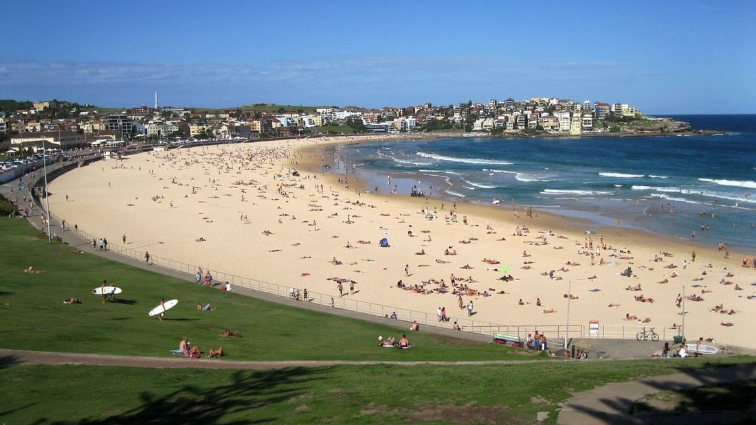 People lounging on Bondi Beach near Pullman Quay Grand Sydney