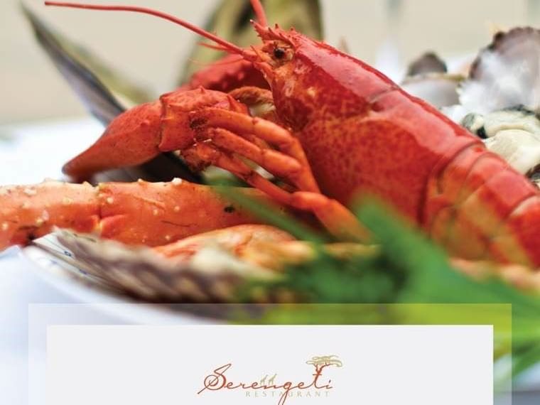 Closeup of a red lobster dish at Dar Es Saalam Serena Hotel