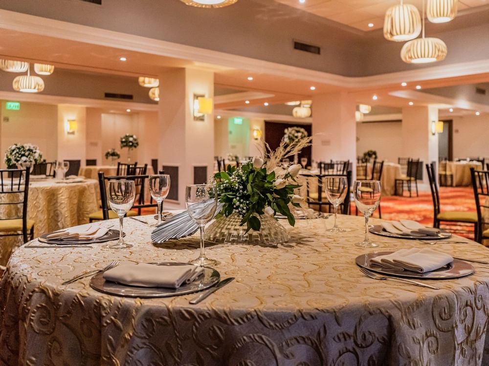 Close-up of dining set up in Perlas A Room at Gamma Hotels