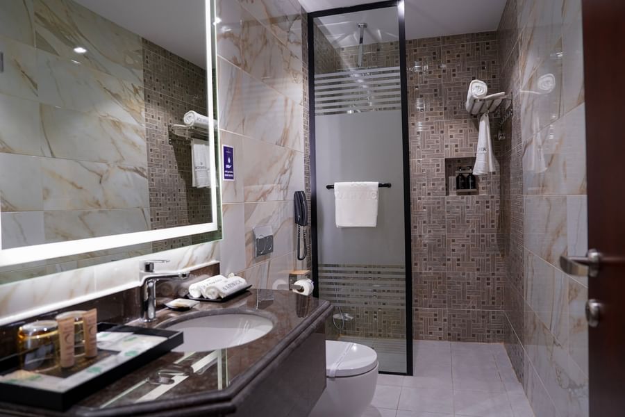Modern bathroom with a marble sink, mirror, and glass shower enclosure at Warwick Hotel & Spa.