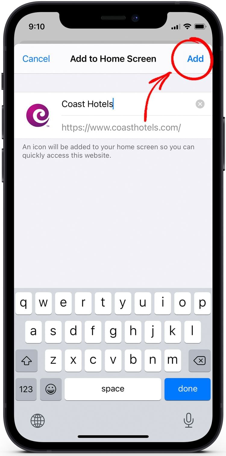 iPhone screen with an arrow pointing to the Add button
