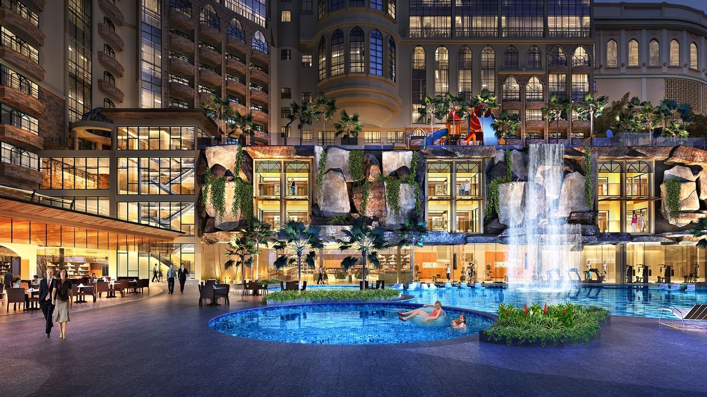 View of the pool side at night at Sunway Resort