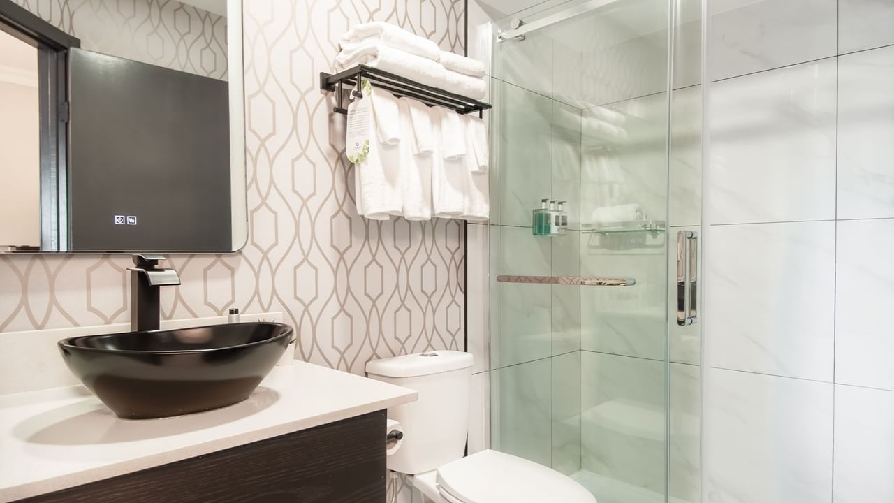 Hotel bathroom with toilet, sink, mirror, shower, towels and soap