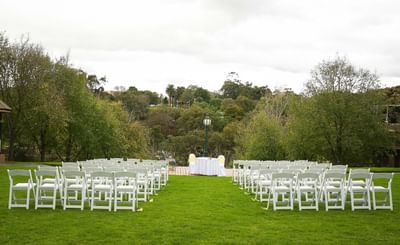 Chair setup, outdoor wedding reception at Amora Hotel