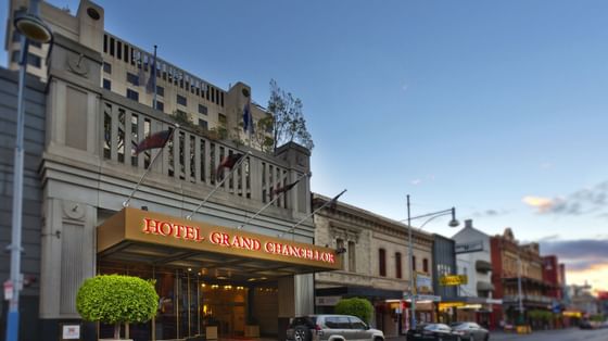 Exterior front view of the hotel entrance at Hotel Grand Chancellor Adelaide