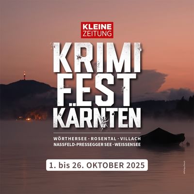 Poster advertising "Krimi Fest Karten" with a lake and hill in the background, date October 2025.