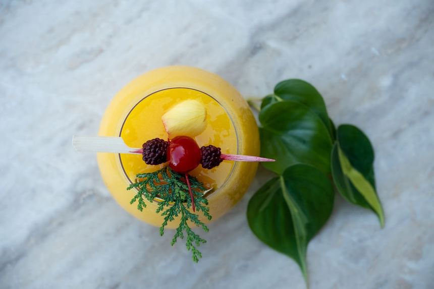 Close-up of a cocktail served at Jungle Vista Boutique Hotel