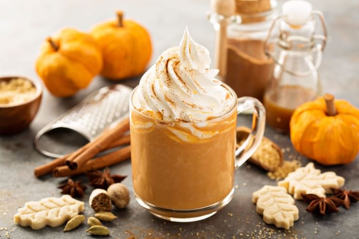 A pumpkin spice latte topped with whipped cream at The Diplomat Resort