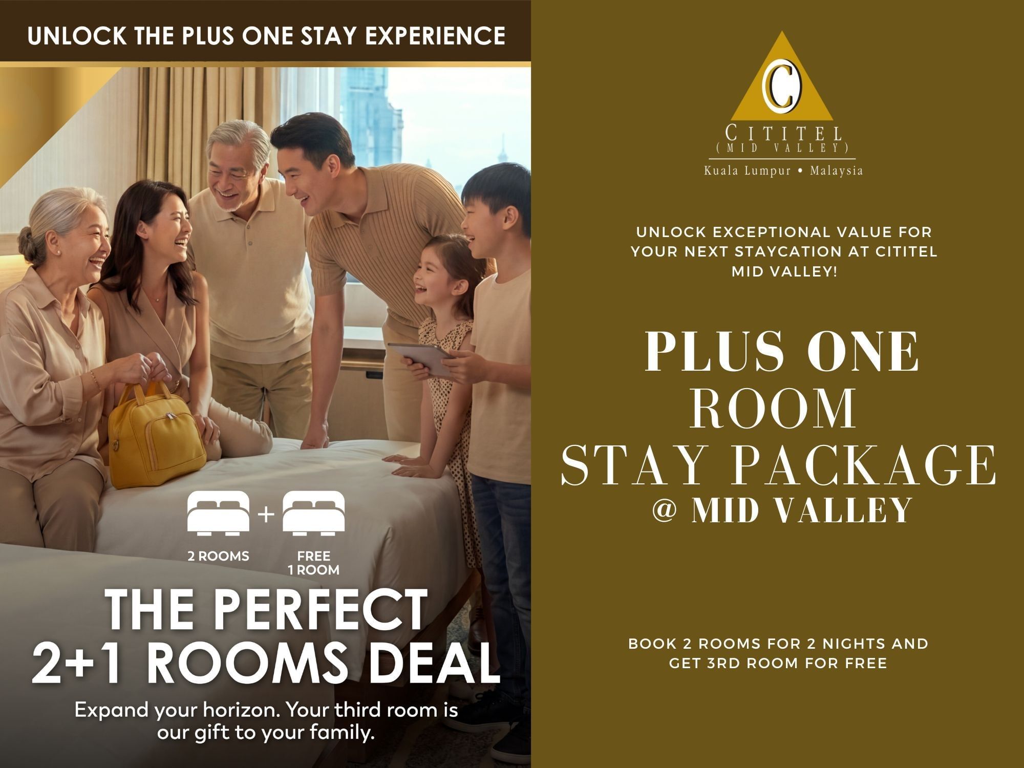 Family enjoying a Plus One Room Stay Package with free third room at Mid Valley.