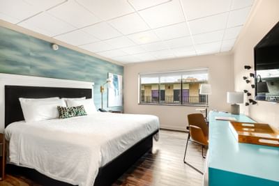 Modern King at The Riverwalk Plaza Hotel with a king-size bed, stylish decor, a desk, and a window letting in natural light