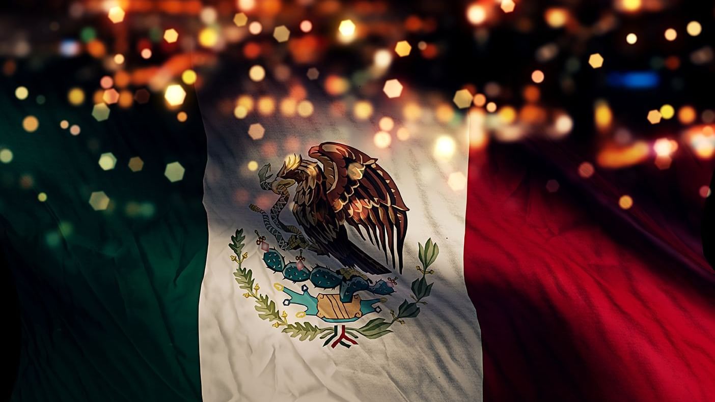 Mexican flag with a bird, cactus, and snake on a white stripe between green and red stripes.