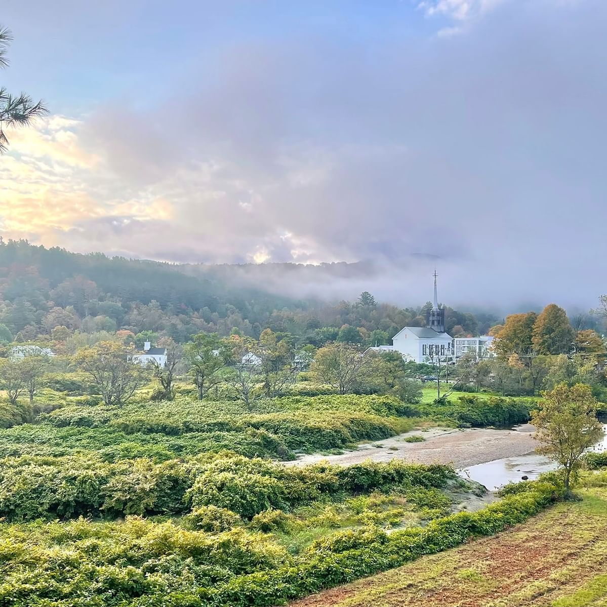 Foggy morning landscape with a river and buildings.