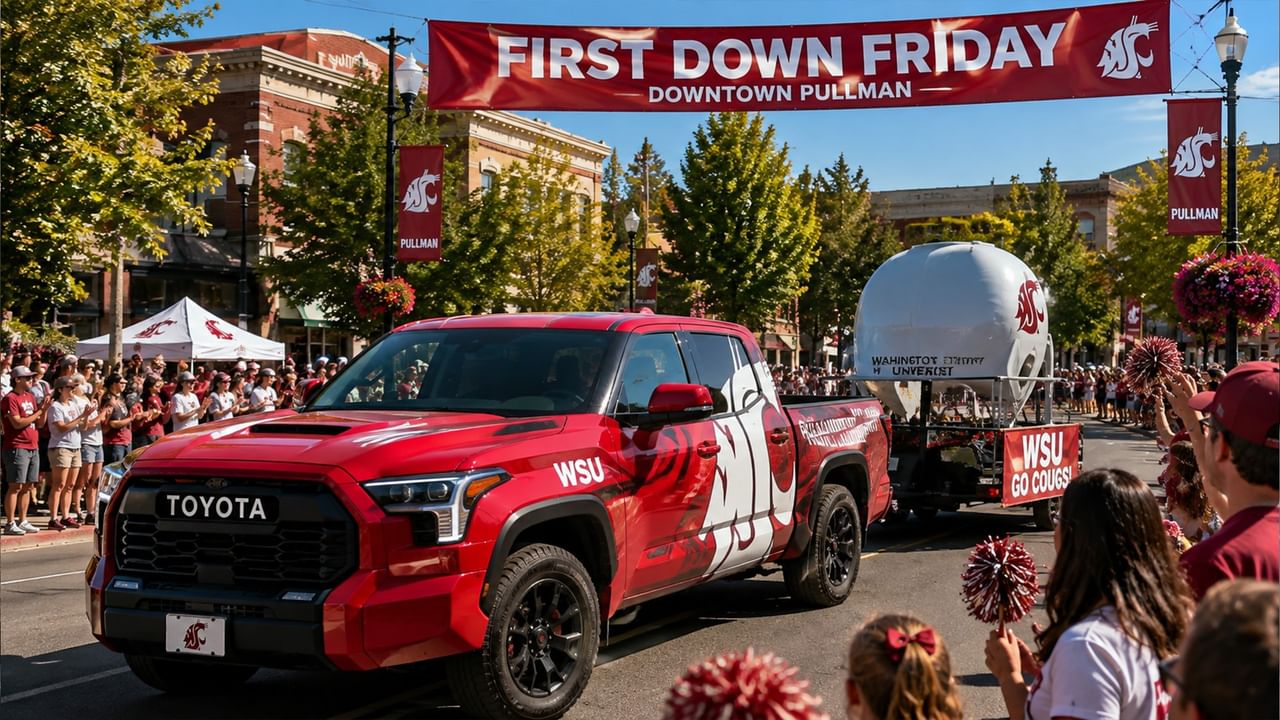 A red WSU-branded Toyota truck towing a giant football helmet leads a parade under a First Down Friday banner in downtown Pullman.