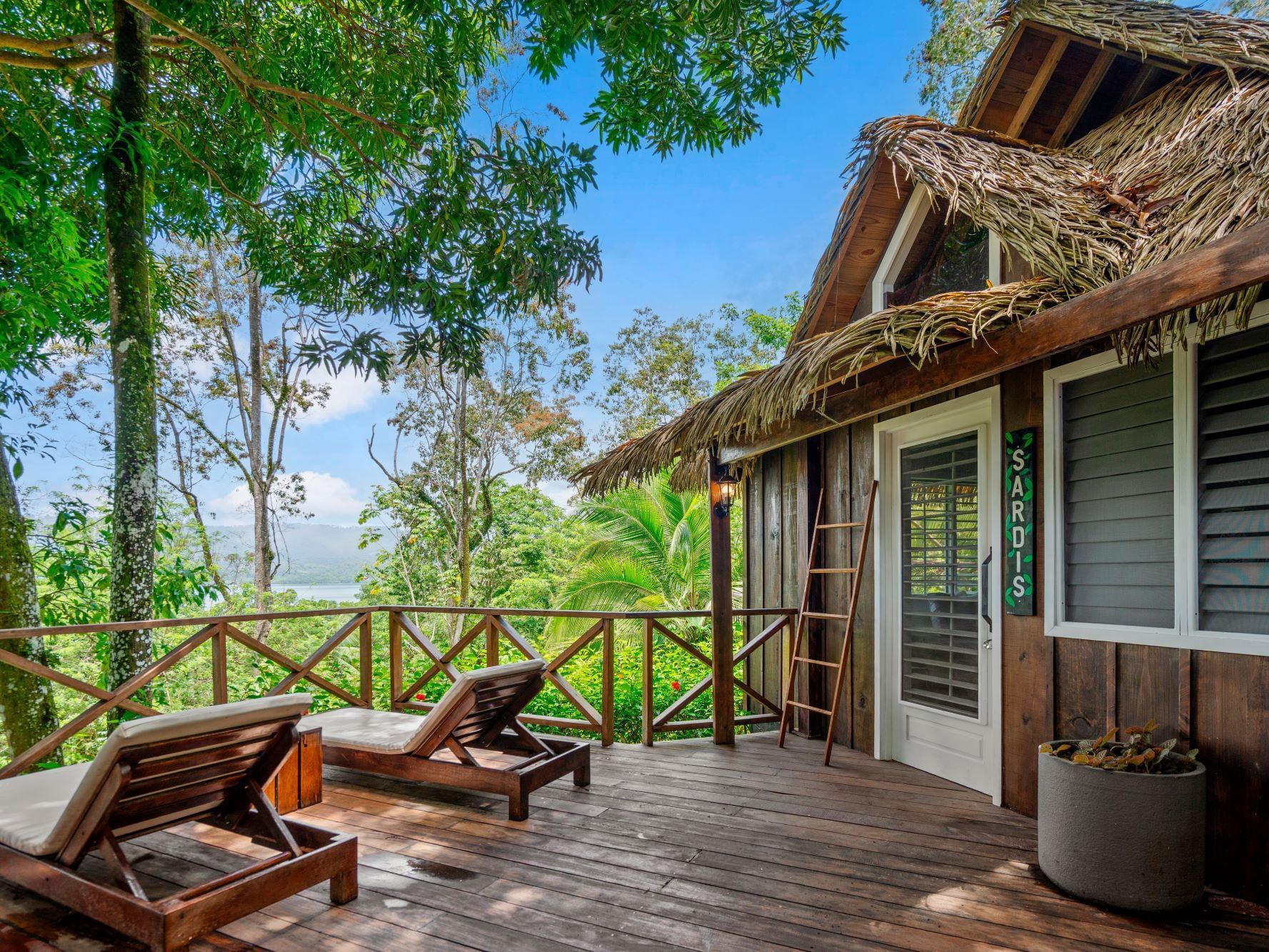Terraza de la habitación Sardis con dos hamacas y vista a la selva en Central Hotel Bocas Del Toro, Valle de Agua.