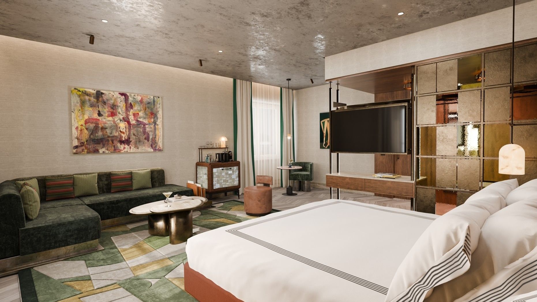 Spacious junior suite with king bed, green velvet sofa, abstract art, and modern furnishings at The Thompson Rome.