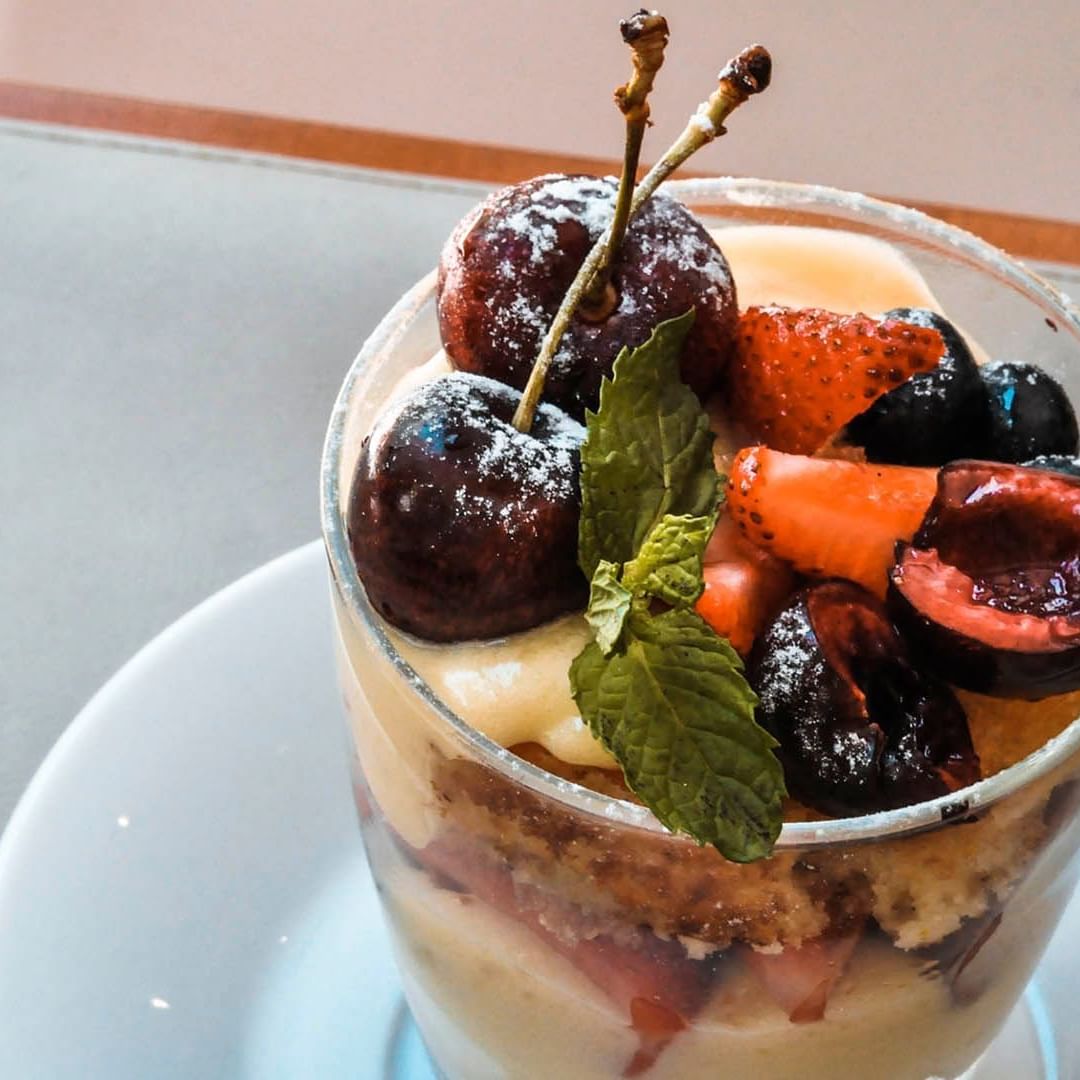Close up of a dessert served at Deco Recoleta Hotel