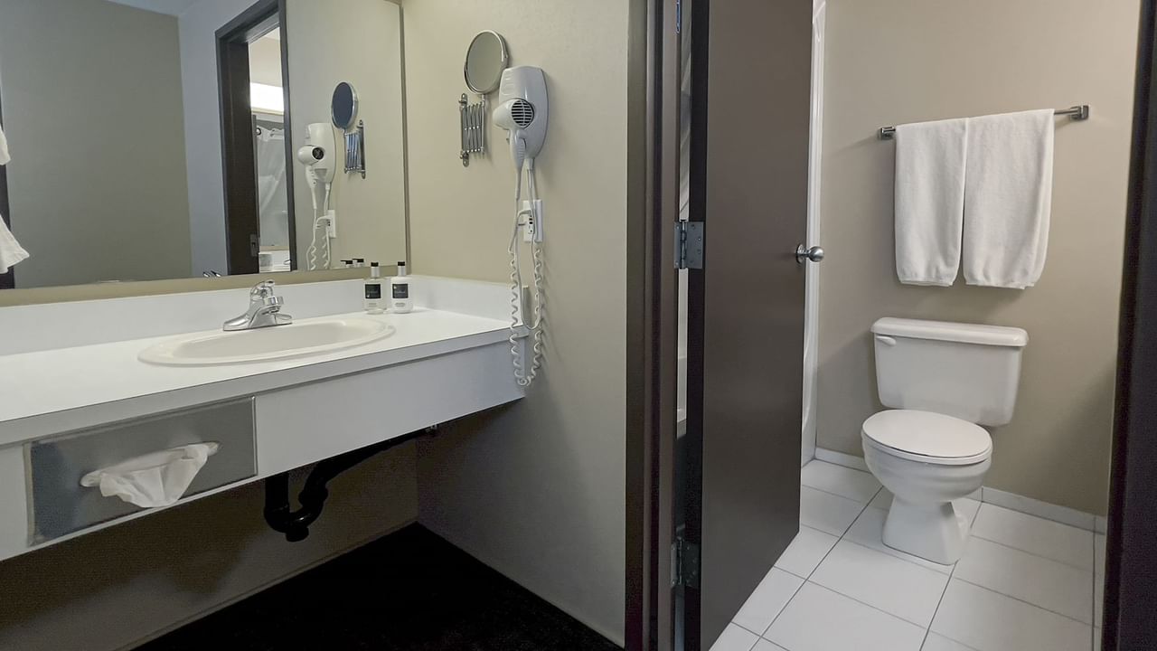 Bathroom with toilet, sink, mirror, and hairdryer