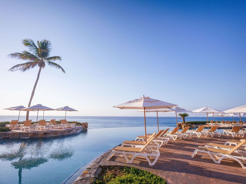 Outdoor pool with rows of lounge chairs under umbrellas along the edge, facing the ocean at Hacienda Del Mar Los Cabos