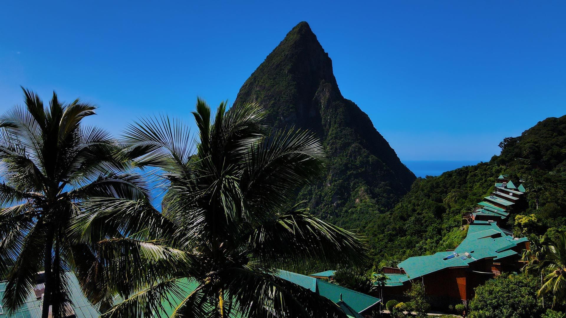 Drone view of the mountain in Gros Piton on a sunny day near Ladera Resort