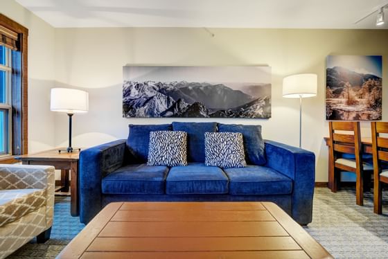 blue couch and wooden table in living room