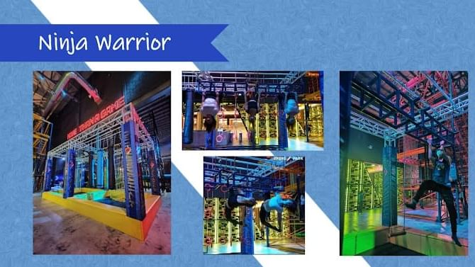 Collage of people on various obstacles at a Ninja Warrior-themed gym near Sunway Hotel Big Box