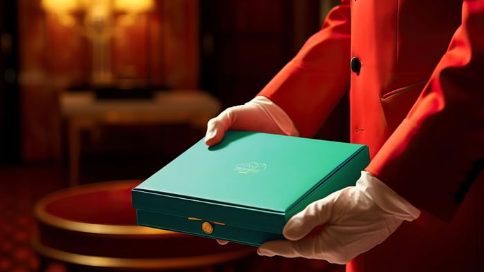 Person in red suit and white gloves holding a green christmas gift box with banjaran hotsprings retreat logo