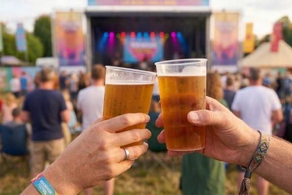 People clinking drinks together in a celebratory toast at the Wokingham Festival.
