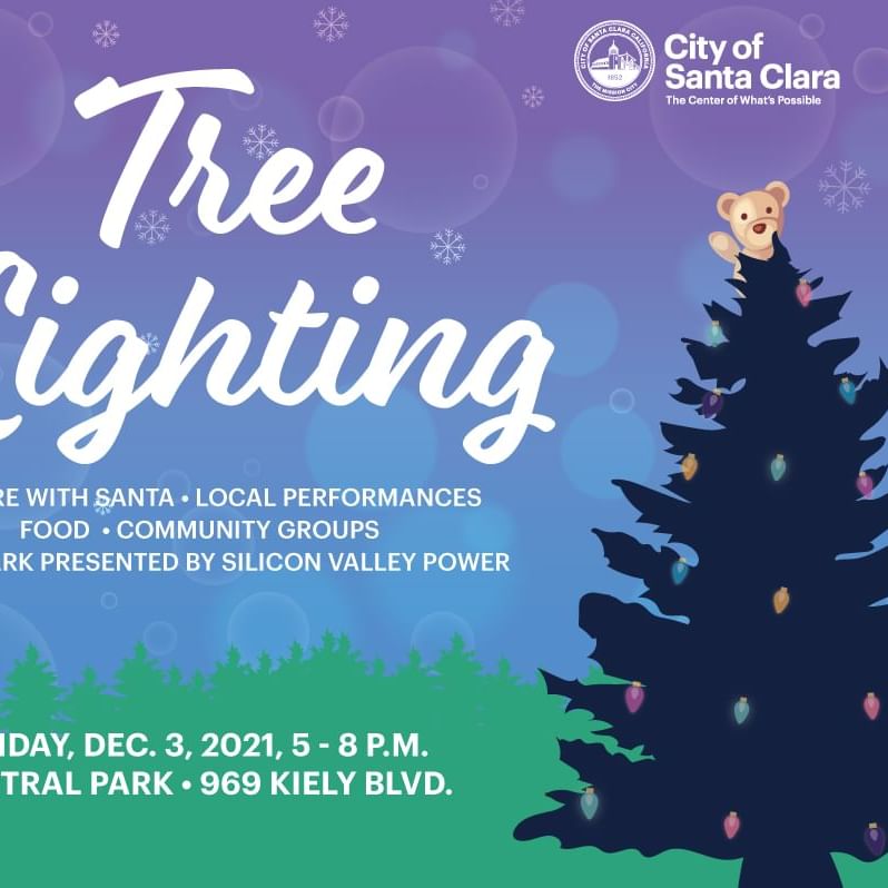 Promotional Image for Tree Lighting in Santa Clara showing a teddy bear sitting atop a shadowed tree