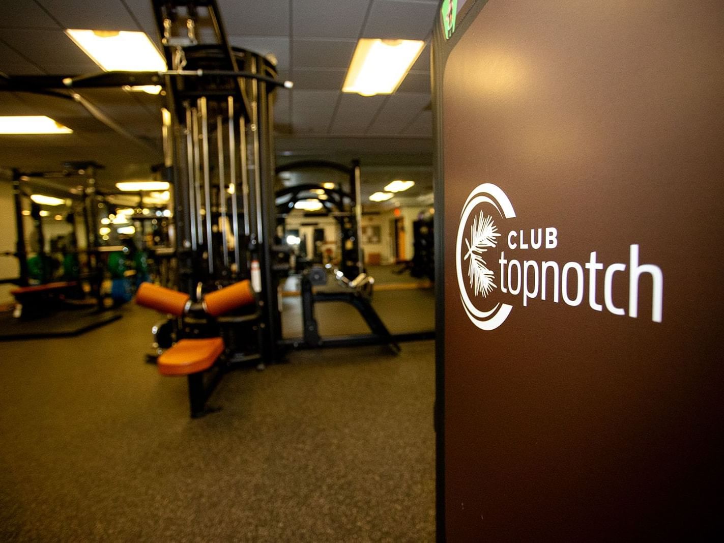 A gym interior with exercise machines and a brown wall with 