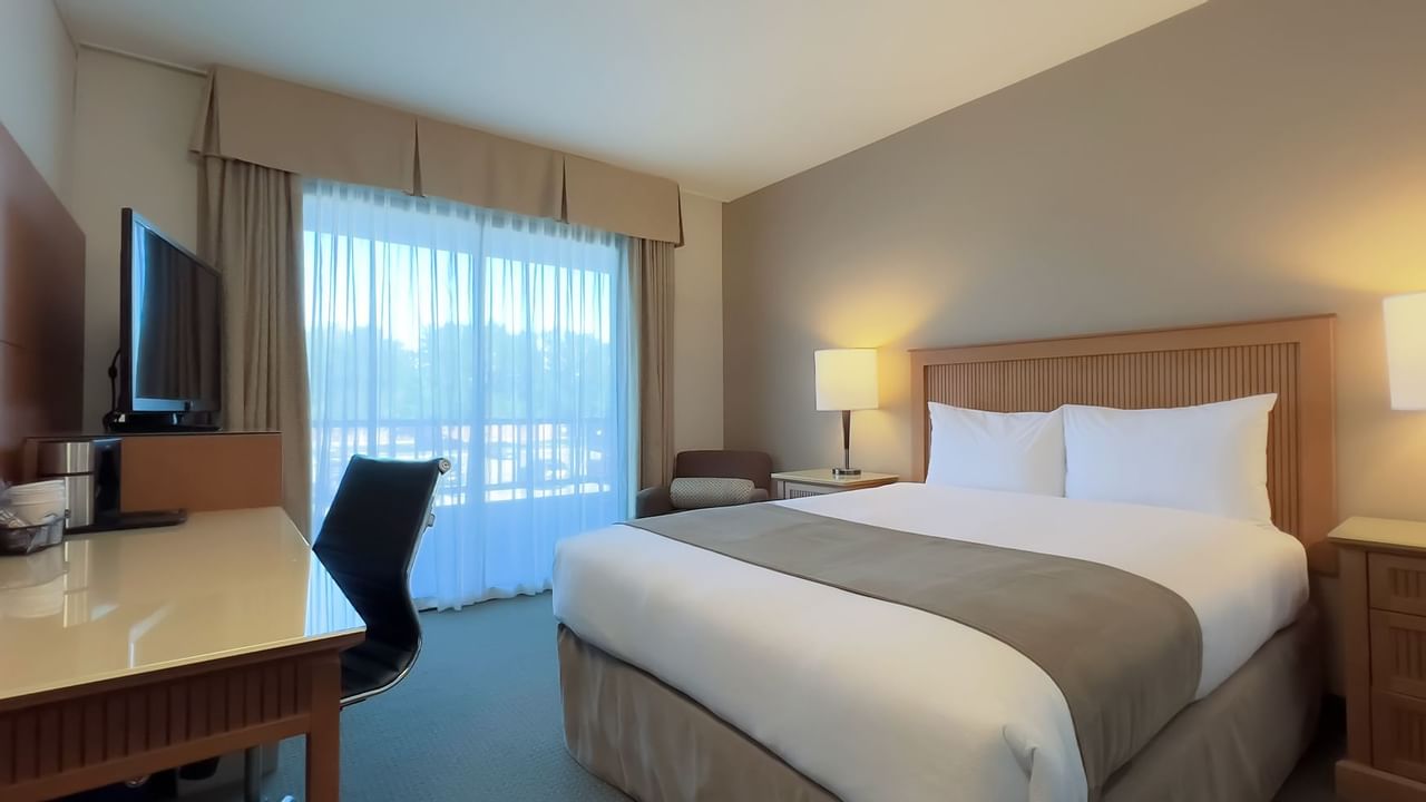 Guest room with queen bed, desk, lamps and television
