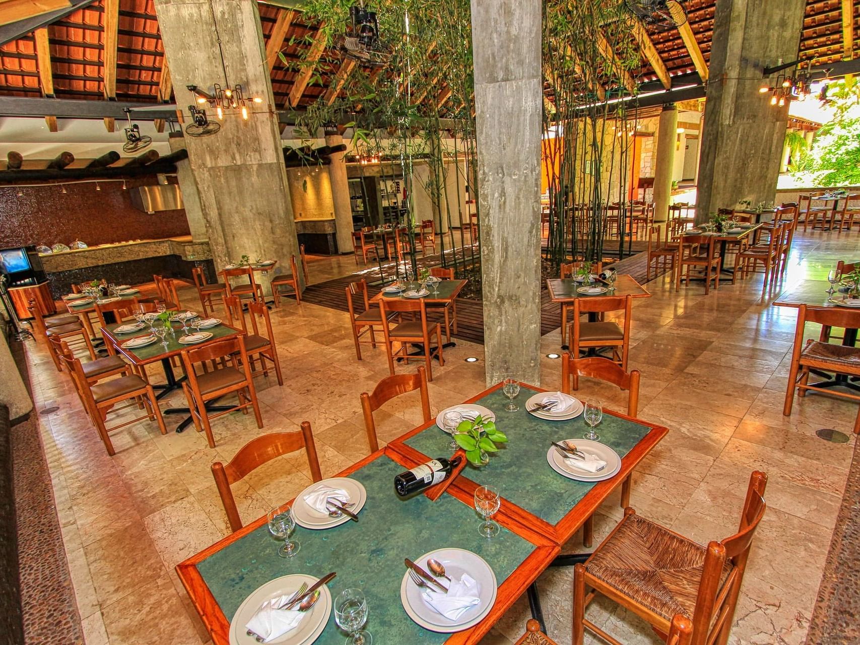 Interior of the dining area in Bambu at Ciudad Real Palenque