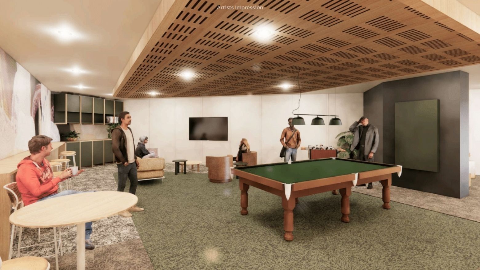 Interior rendering of a cozy lounge area with billiard table at UniLodge Brisbane City.