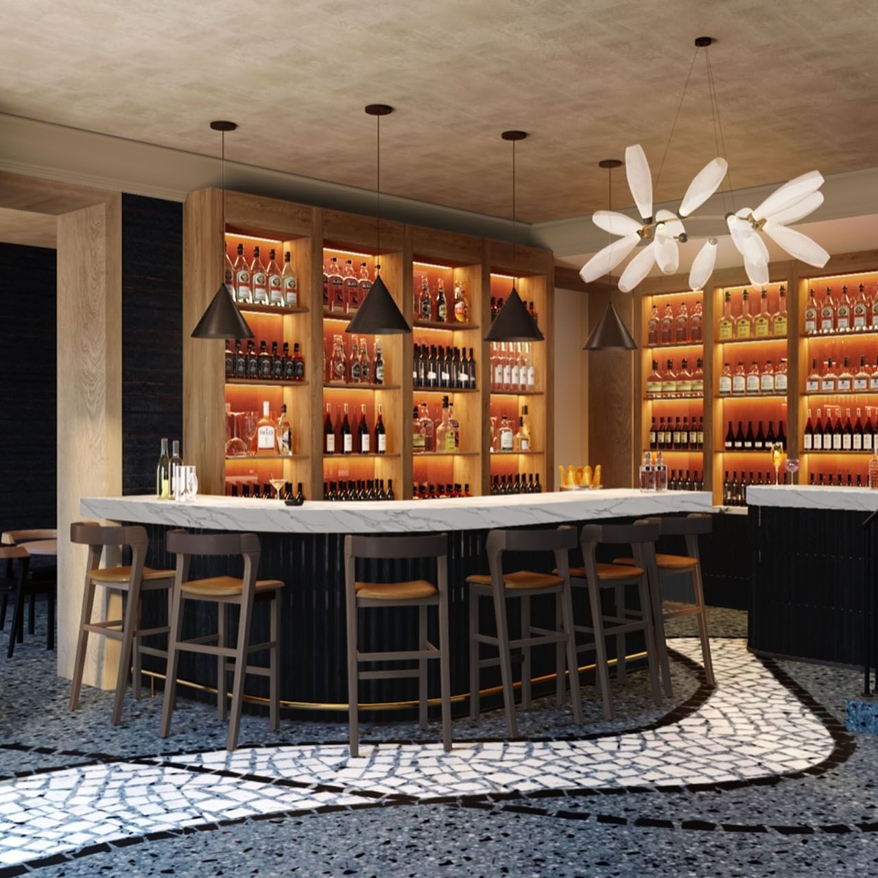 Bar counter area arranged with high stools in Da Mariolino Restaurant at Mario de’ Fiori 37