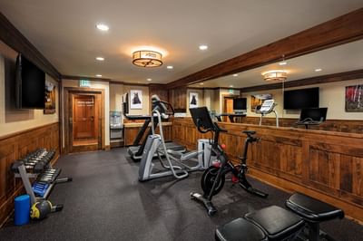 Peloton equipment in the fitness center at the Wyoming Inn