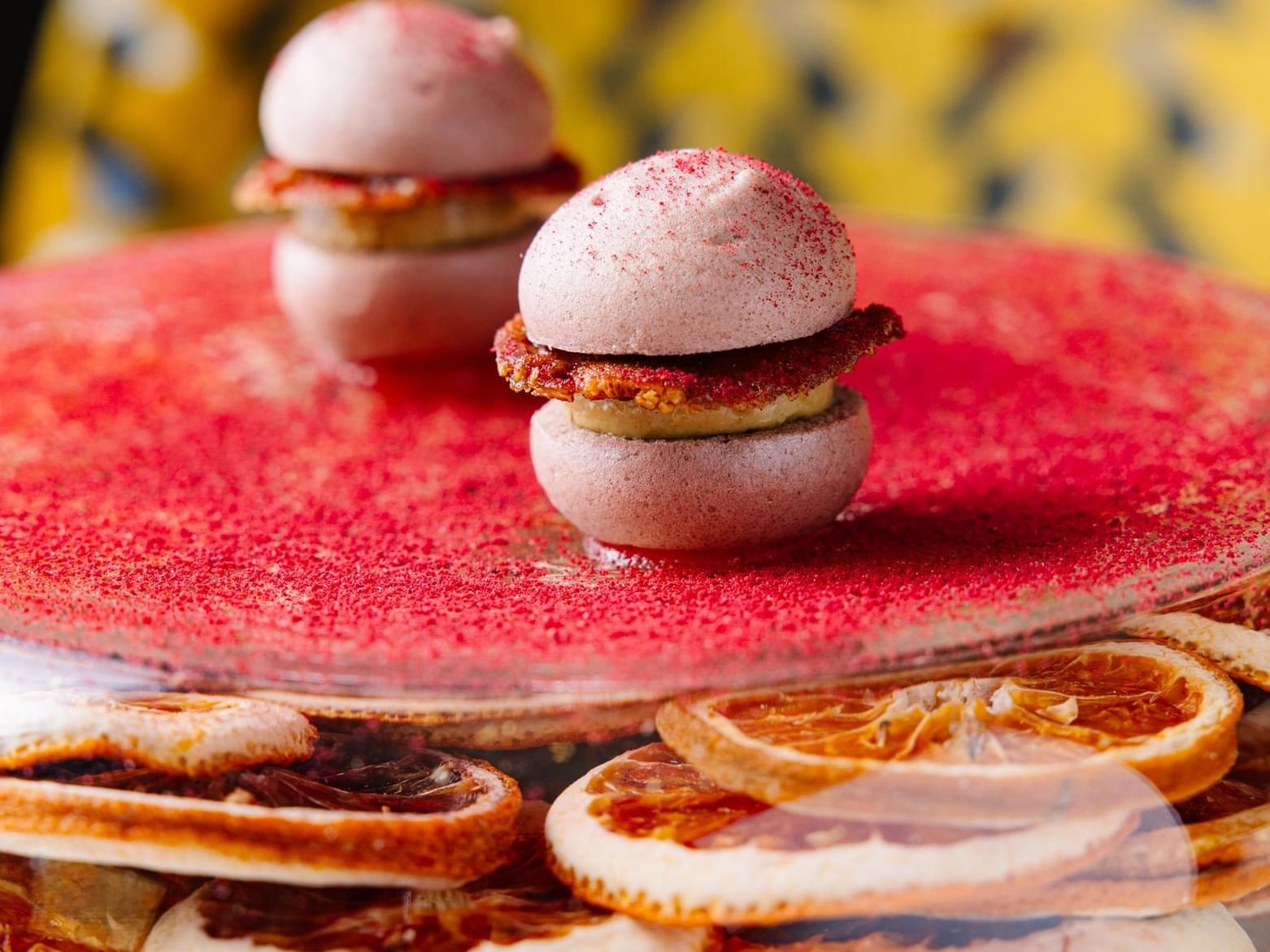 Close-up of a macaroon inspired dessert served in Herons at The Umstead Hotel and Spa