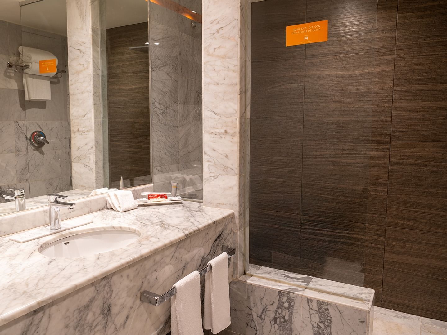 Bathroom with vanity and a dark wood-paneled walk-in shower in the King Junior Suite at Real Inn Tijuana
