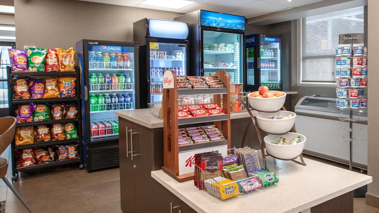 Snacks and beverages at the hotel's sundries shop.
