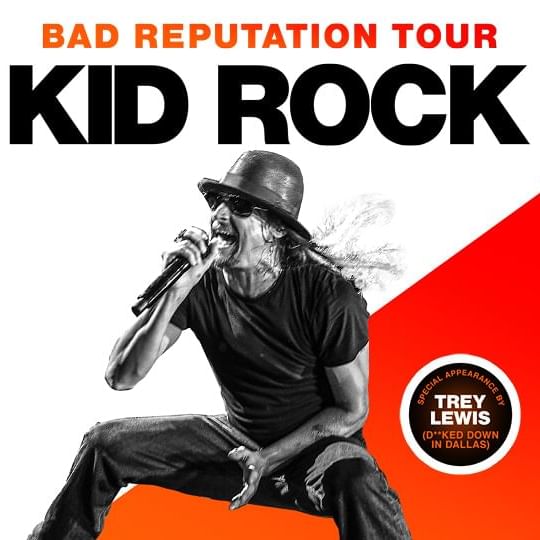 Kid Rock singing into a microphone against a white and red background