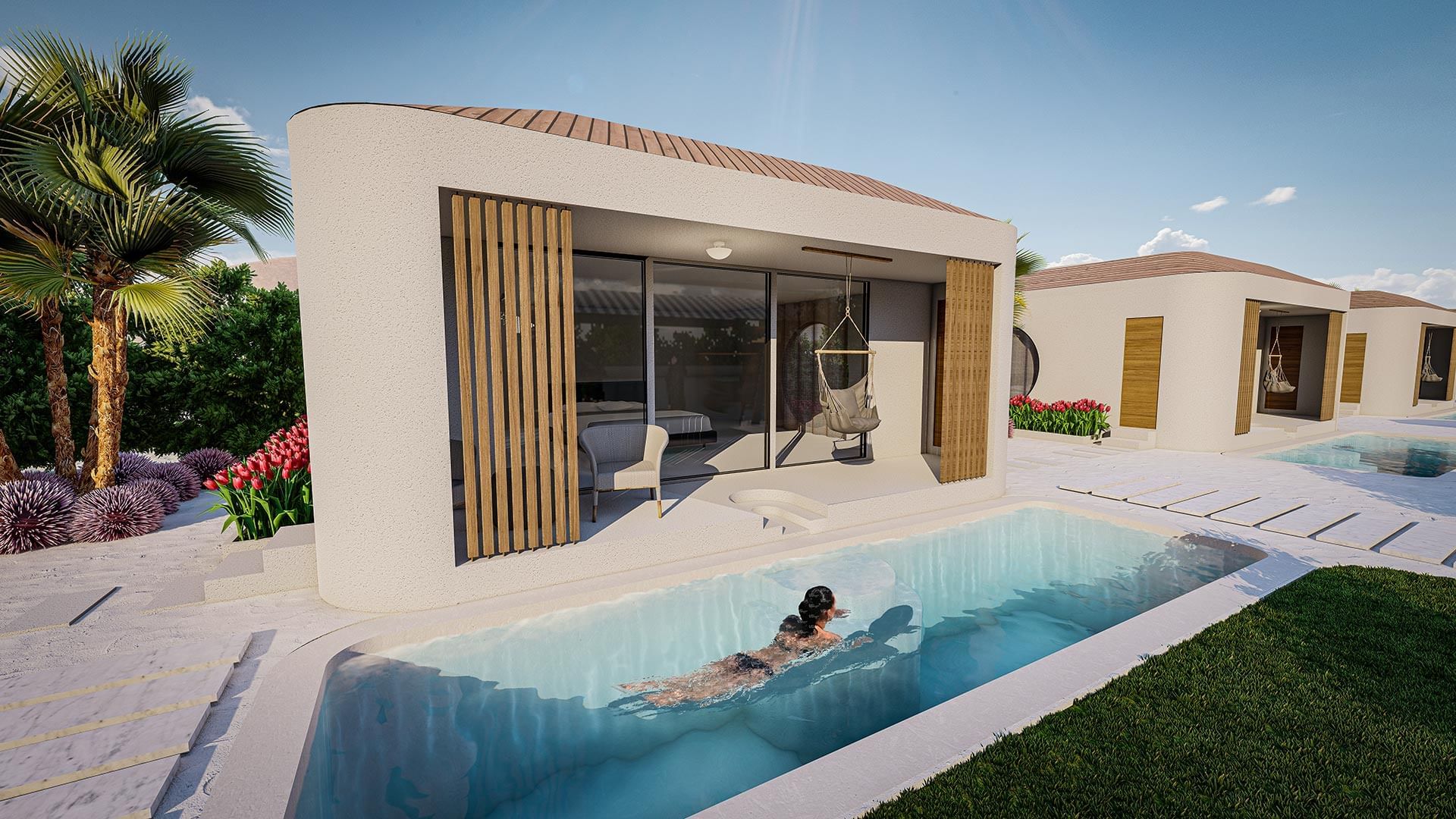 Stylish pool villa with a private terrace and a person swimming at Titanic Deluxe Sharm El Sheikh