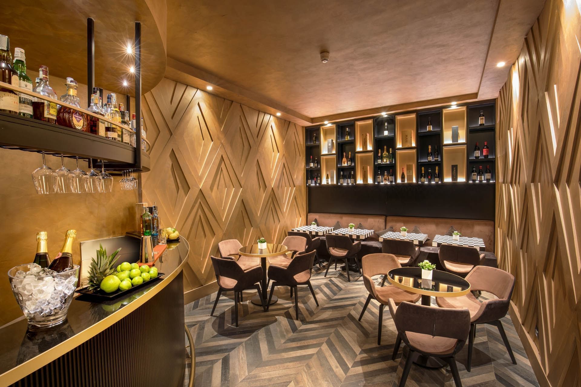 Interior of Lounge Bar with a warm ambience and dining tables at The Style