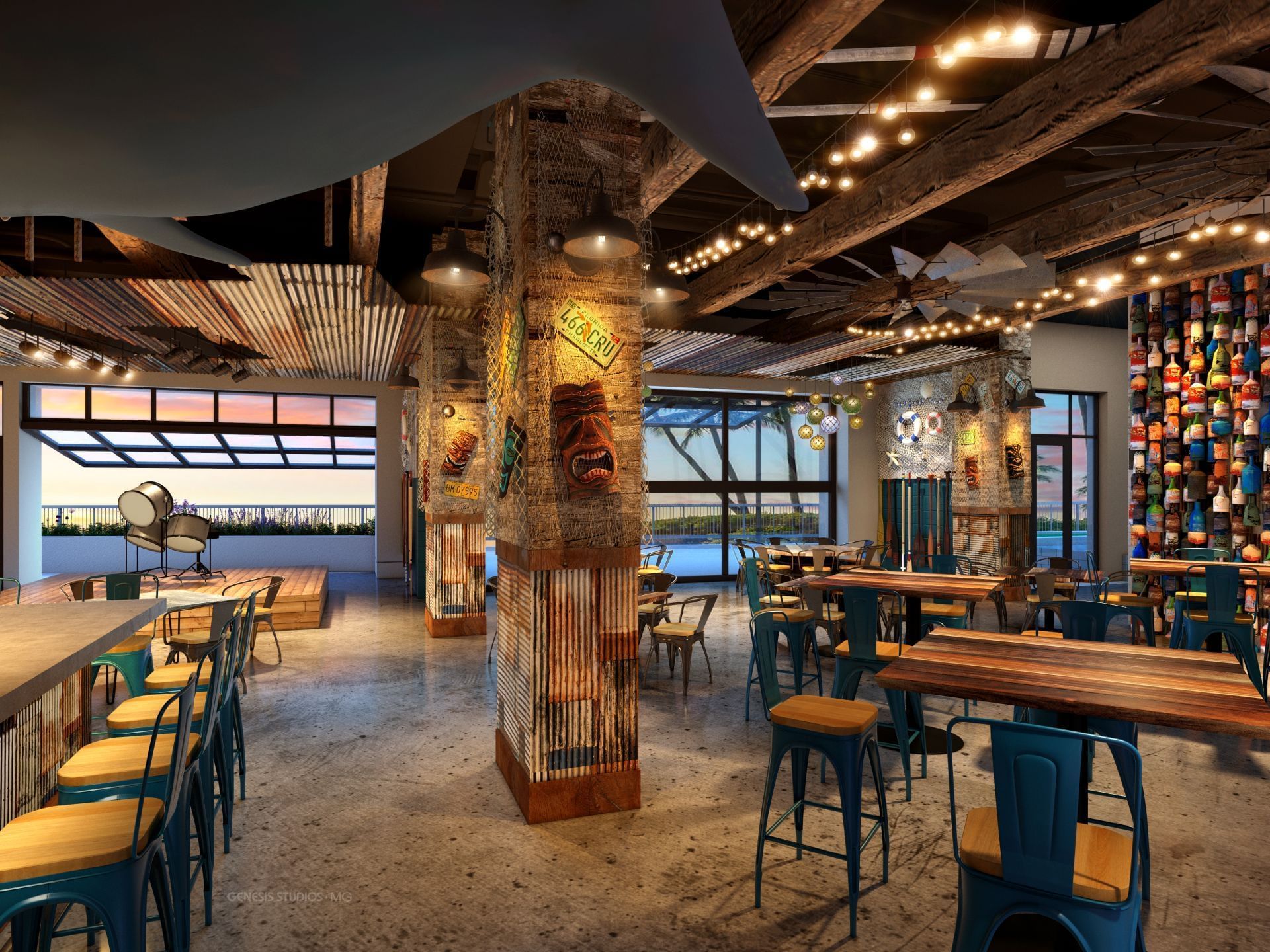 Interior of the Tiki bar at  Sunseeker Resort