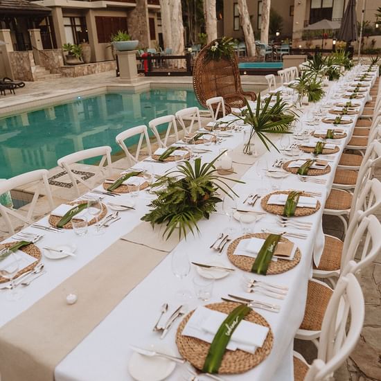 Table arranged by the pool, Pullman Palm Cove Sea Temple Resort