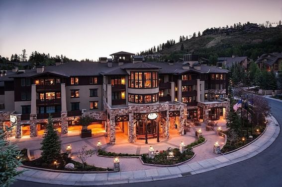 Illuminated exterior of the hotel at Chateaux Deer Valley