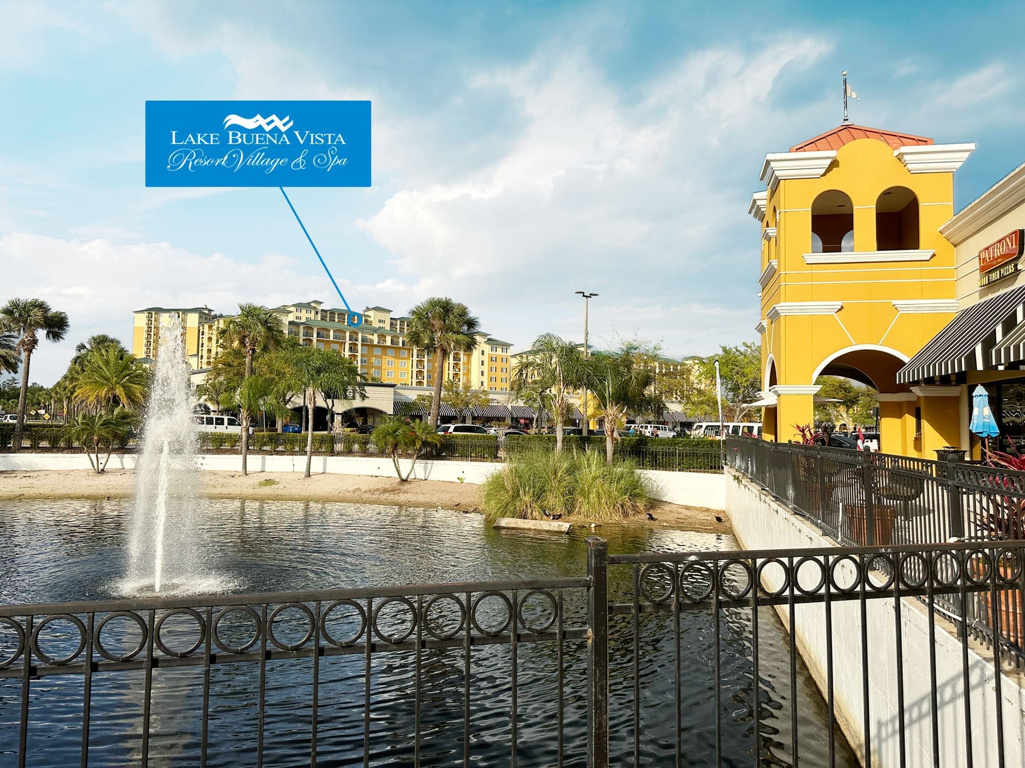 Side view & water fountain of Lake Buena Vista Resort Village & Spa