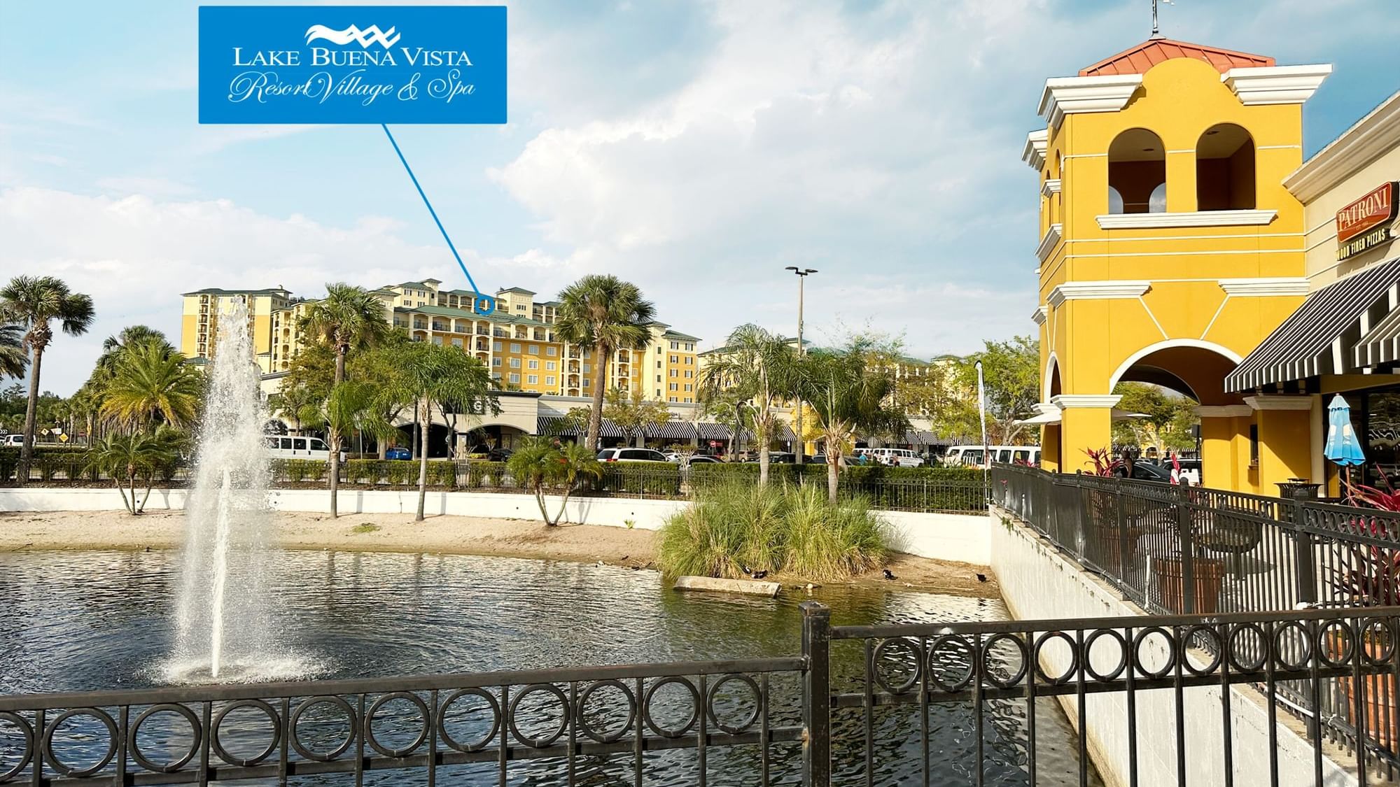 Side view & water fountain of Lake Buena Vista Resort Village & Spa