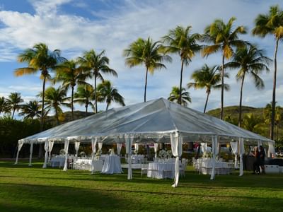 Wedding tent set up in a Copa Gardens at Copamarina Weddings