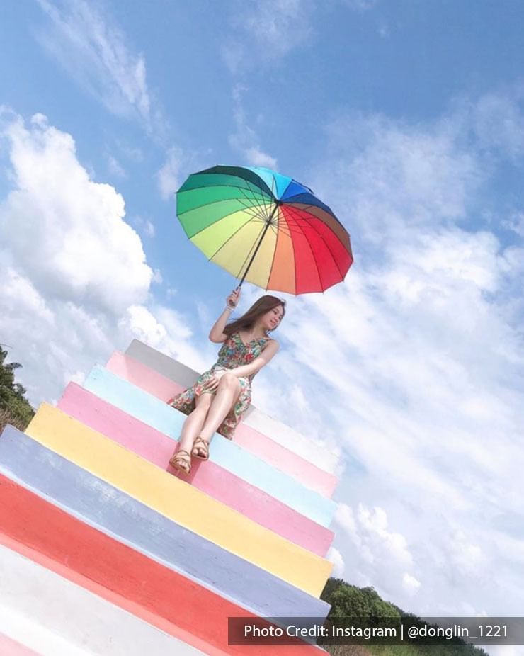 woman with rainbow coloured umbrella sky ladder pineapple farm port dickson