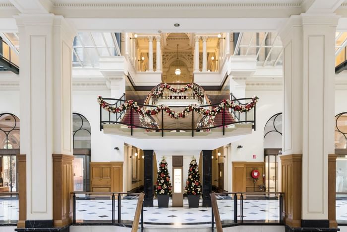 Christmas decorations in the lobby at Fullerton Sydney