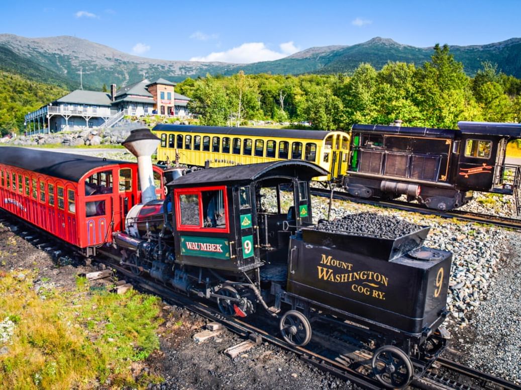 Charming display of parked trains at the Cog Railway by the Grand Summit Hotel